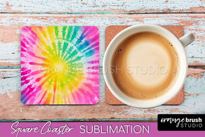 Tie Dye Square Coaster - Rainbow Coaster Sublimation Design Sublimation OrangeBrushStudio 