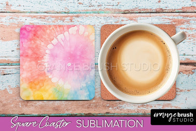 Tie Dye Square Coaster - Rainbow Coaster Sublimation Design Sublimation OrangeBrushStudio 