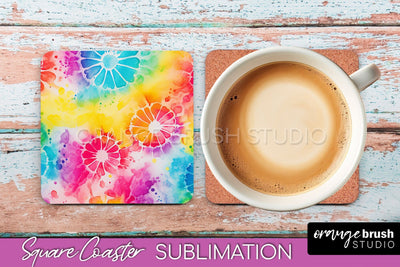 Tie Dye Square Coaster - Rainbow Coaster Sublimation Design Sublimation OrangeBrushStudio 