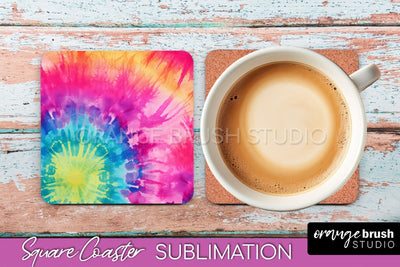 Tie Dye Square Coaster - Rainbow Coaster Sublimation Design Sublimation OrangeBrushStudio 