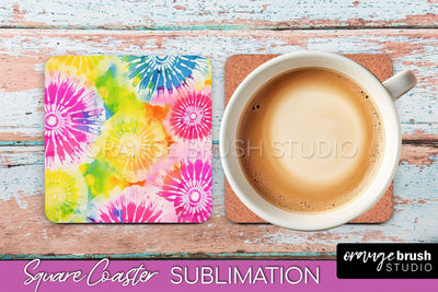 Tie Dye Square Coaster - Rainbow Coaster Sublimation Design Sublimation OrangeBrushStudio 
