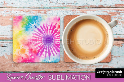 Tie Dye Square Coaster - Rainbow Coaster Sublimation Design Sublimation OrangeBrushStudio 