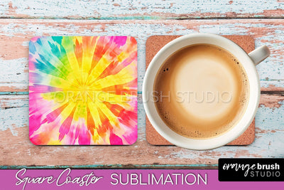 Tie Dye Square Coaster - Rainbow Coaster Sublimation Design Sublimation OrangeBrushStudio 