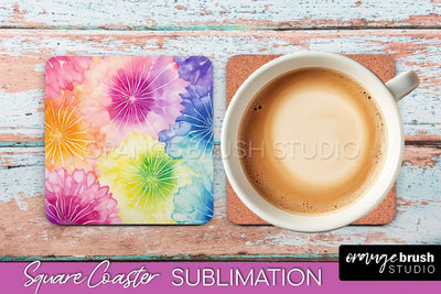 Tie Dye Square Coaster - Rainbow Coaster Sublimation Design Sublimation OrangeBrushStudio 