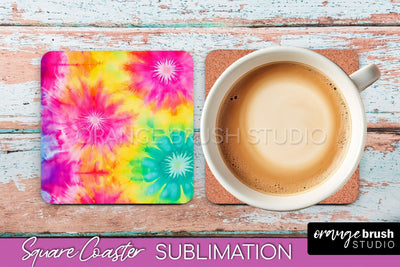 Tie Dye Square Coaster - Rainbow Coaster Sublimation Design Sublimation OrangeBrushStudio 