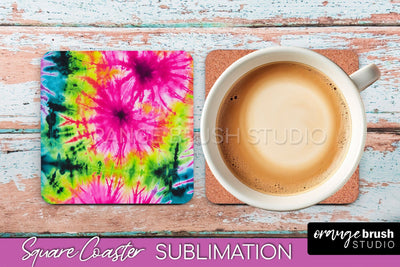 Tie Dye Square Coaster Sublimation - Neon Coaster Design Sublimation OrangeBrushStudio 