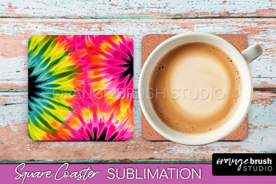 Tie Dye Square Coaster Sublimation - Neon Coaster Design Sublimation OrangeBrushStudio 