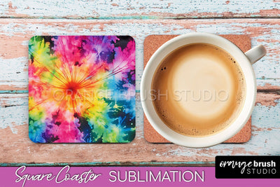 Tie Dye Square Coaster Sublimation - Neon Coaster Design Sublimation OrangeBrushStudio 