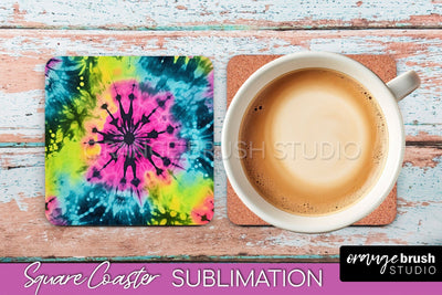 Tie Dye Square Coaster Sublimation - Neon Coaster Design Sublimation OrangeBrushStudio 