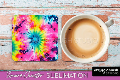 Tie Dye Square Coaster Sublimation - Neon Coaster Design Sublimation OrangeBrushStudio 