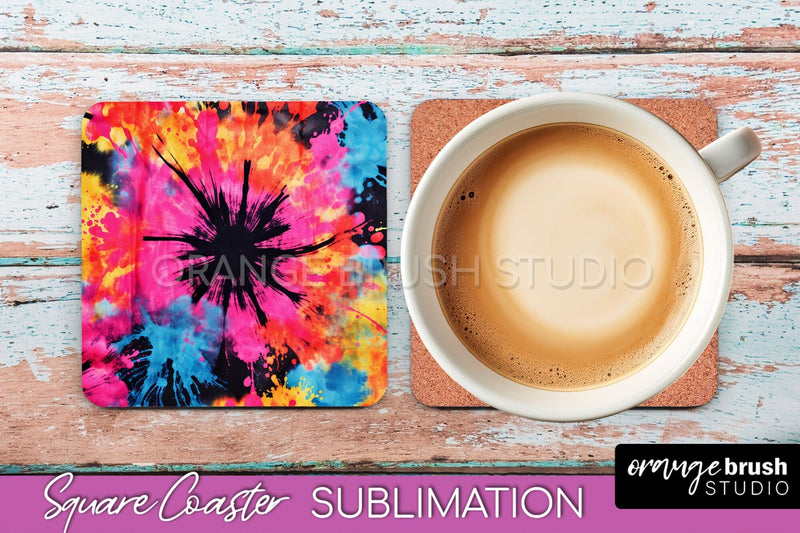 Tie Dye Square Coaster Sublimation - Neon Coaster Design Sublimation OrangeBrushStudio 