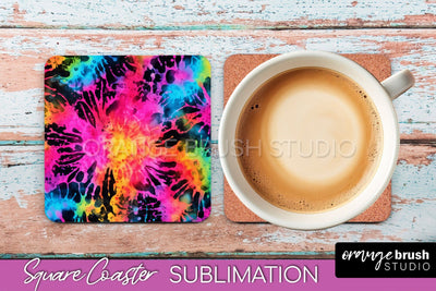 Tie Dye Square Coaster Sublimation - Neon Coaster Design Sublimation OrangeBrushStudio 