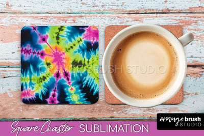 Tie Dye Square Coaster Sublimation - Neon Coaster Design Sublimation OrangeBrushStudio 
