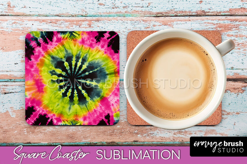 Tie Dye Square Coaster Sublimation - Neon Coaster Design Sublimation OrangeBrushStudio 