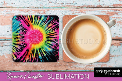 Tie Dye Square Coaster Sublimation - Neon Coaster Design Sublimation OrangeBrushStudio 