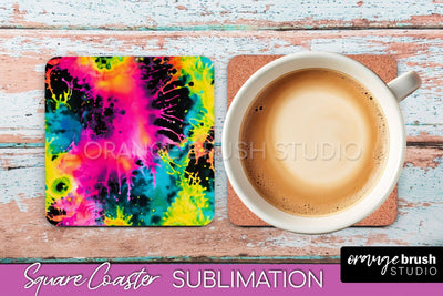 Tie Dye Square Coaster Sublimation - Neon Coaster Design Sublimation OrangeBrushStudio 