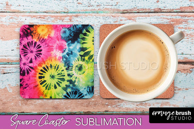 Tie Dye Square Coaster Sublimation - Neon Coaster Design Sublimation OrangeBrushStudio 