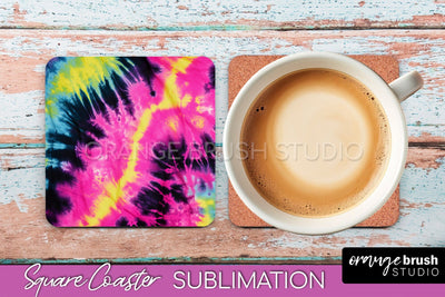 Tie Dye Square Coaster Sublimation - Neon Coaster Design Sublimation OrangeBrushStudio 