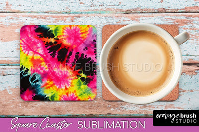 Tie Dye Square Coaster Sublimation - Neon Coaster Design Sublimation OrangeBrushStudio 