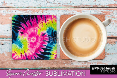 Tie Dye Square Coaster Sublimation - Neon Coaster Design Sublimation OrangeBrushStudio 