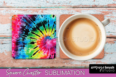 Tie Dye Square Coaster Sublimation - Neon Coaster Design Sublimation OrangeBrushStudio 