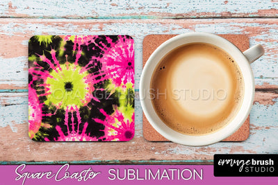 Tie Dye Square Coaster Sublimation - Neon Coaster Design Sublimation OrangeBrushStudio 