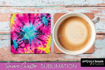 Tie Dye Square Coaster Sublimation - Neon Coaster Design Sublimation OrangeBrushStudio 