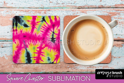 Tie Dye Square Coaster Sublimation - Neon Coaster Design Sublimation OrangeBrushStudio 