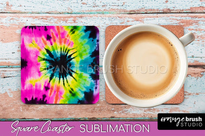 Tie Dye Square Coaster Sublimation - Neon Coaster Design Sublimation OrangeBrushStudio 