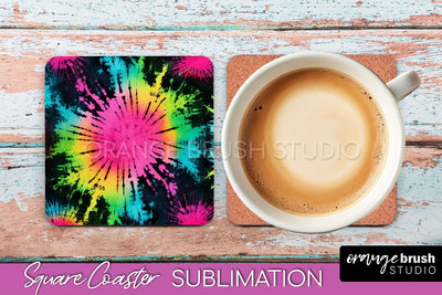 Tie Dye Square Coaster Sublimation - Neon Coaster Design Sublimation OrangeBrushStudio 