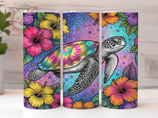 Tie-Dye Turtle Hibiscus 20oz Tumbler, Tie-Dye Turtle, Turtle Hibiscus, Hibiscus Tumbler, Tie-Dye Tumbler, Turtle Tumbler, 20oz Tumbler, Tumbler Wrap Sublimation Lara' s Designs 