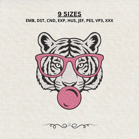 Tiger Bubble Gum Embroidery Design – Cool Tiger with Pink Glasses Machine Embroidery File, Trendy Animal Design Embroidery/Applique DESIGNS PatternFeed8 