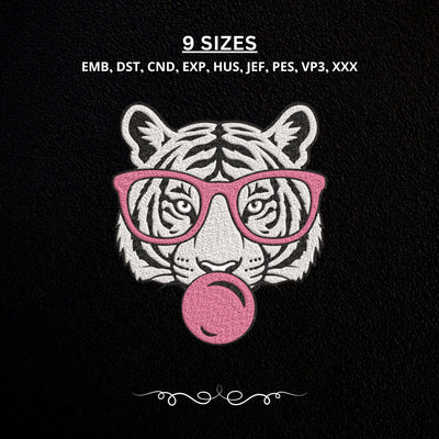 Tiger Bubble Gum Embroidery Design – Cool Tiger with Pink Glasses Machine Embroidery File, Trendy Animal Design Embroidery/Applique DESIGNS PatternFeed8 