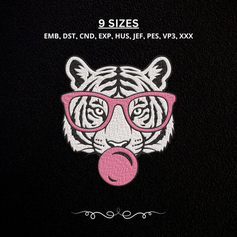 Tiger Bubble Gum Embroidery Design – Cool Tiger with Pink Glasses Machine Embroidery File, Trendy Animal Design Embroidery/Applique DESIGNS PatternFeed8 