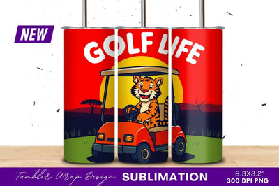 Tiger driving golf cart sunset cartoon illustration Sublimation Regulrcrative 