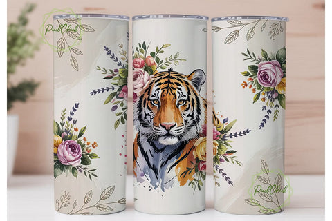 Tiger Floral Watercolor 20oz Tumbler Sublimation PixelChick 