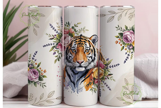 Tiger Floral Watercolor 20oz Tumbler Sublimation PixelChick 