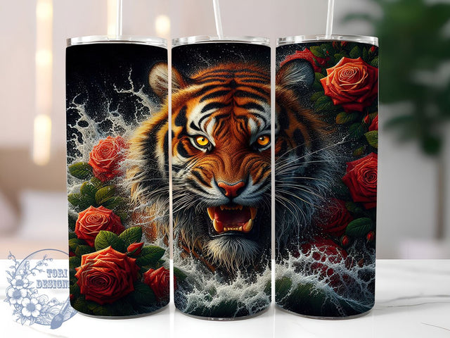 Tiger Rose Water 20oz Tumbler Wrap, Rose Flower Tumbler, Water Splash Design, 20oz Sublimation Wrap, Wild Animal Drinkware, Floral Tiger Art, Exotic Tumbler Design Sublimation ToriDesigns 
