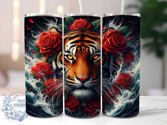 Tiger Rose Water 20oz Tumbler Wrap, Rose Flower Tumbler, Water Splash Design, 20oz Sublimation Wrap, Wild Animal Drinkware, Floral Tiger Art, Exotic Tumbler Design Sublimation ToriDesigns 