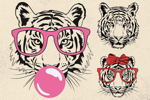 Tiger svg, tiger with glasses bubble gum , Tiger mascot svg , funny Wild Animal head Clipart, mascot logo Vector SVG DesignDestine 