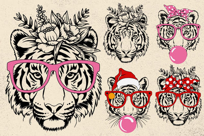 Tiger svg, tiger with glasses bubble gum , Tiger mascot svg , funny Wild Animal head Clipart, mascot logo Vector SVG DesignDestine 