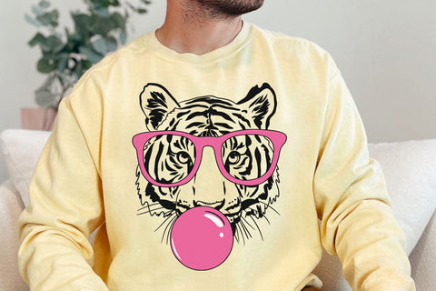 Tiger svg, tiger with glasses bubble gum , Tiger mascot svg , funny Wild Animal head Clipart, mascot logo Vector SVG DesignDestine 