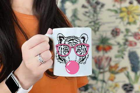 Tiger svg, tiger with glasses bubble gum , Tiger mascot svg , funny Wild Animal head Clipart, mascot logo Vector SVG DesignDestine 