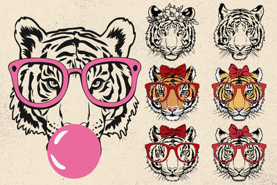 Tiger svg, tiger with glasses bubble gum , Tiger mascot svg , funny Wild Animal head Clipart, mascot logo Vector SVG DesignDestine 