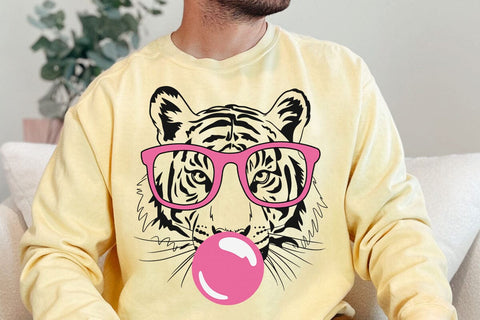 Tiger svg, tiger with glasses bubble gum , Tiger mascot svg , funny Wild Animal head Clipart, mascot logo Vector SVG DesignDestine 