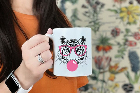 Tiger svg, tiger with glasses bubble gum , Tiger mascot svg , funny Wild Animal head Clipart, mascot logo Vector SVG DesignDestine 