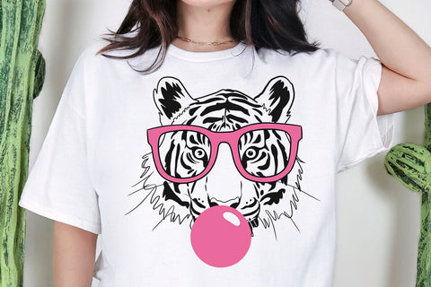 Tiger svg, tiger with glasses bubble gum , Tiger mascot svg , funny Wild Animal head Clipart, mascot logo Vector SVG DesignDestine 