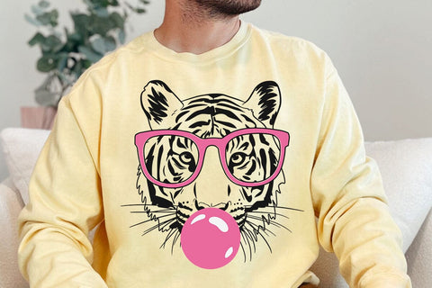 Tiger svg, tiger with glasses bubble gum , Tiger mascot svg , funny Wild Animal head Clipart, mascot logo Vector SVG DesignDestine 