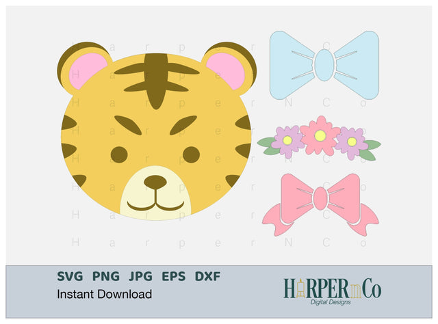 Tiger with Bows and Flowers SVG PNG Cut EPS File SVG HarperNCo 