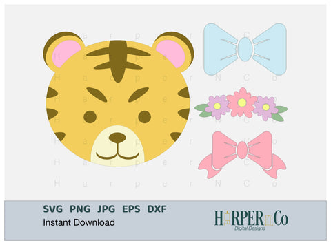 Tiger with Bows and Flowers SVG PNG Cut EPS File SVG HarperNCo 